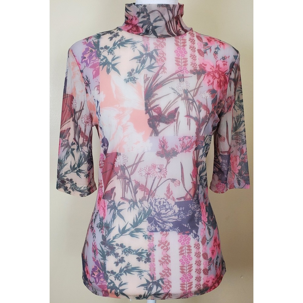 Anthropologie Sheer Mesh Mock Turtleneck Floral Birds Nature Short Sleeve Small